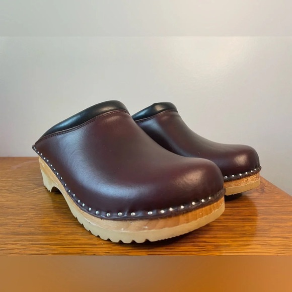 Troentorp Shoes - Troentorp Rembrandt Clog Leather Wood 2.2” Heel Brown Slip On Studded Size 42
